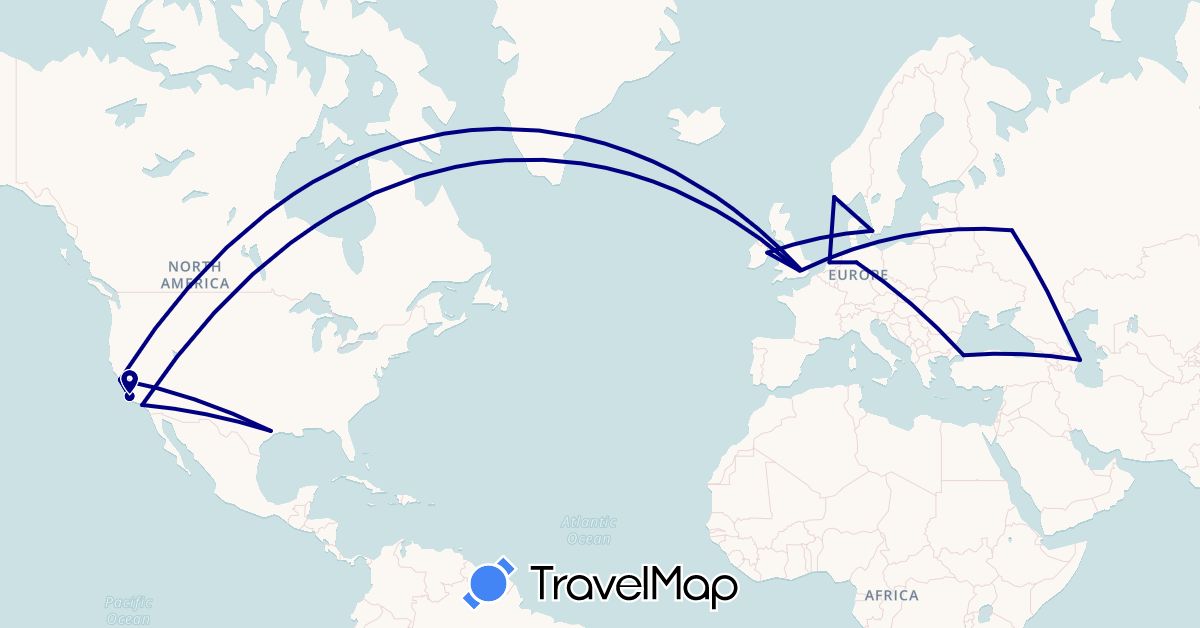 TravelMap itinerary: driving in Azerbaijan, Germany, Denmark, United Kingdom, Ireland, Netherlands, Norway, Russia, Turkey, United States (Asia, Europe, North America)